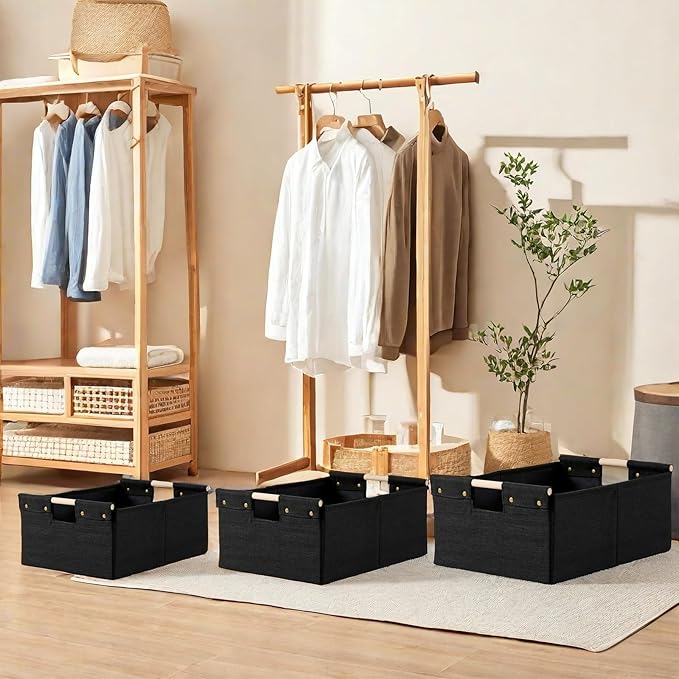 2PCS Storage Bins Cotton Linen Fabric Storage Boxes Basket with Wooden Handles Foldable Washable Decorative Shelf Container Closet Clothes Organizer Home Laundry (Small Size, Black)