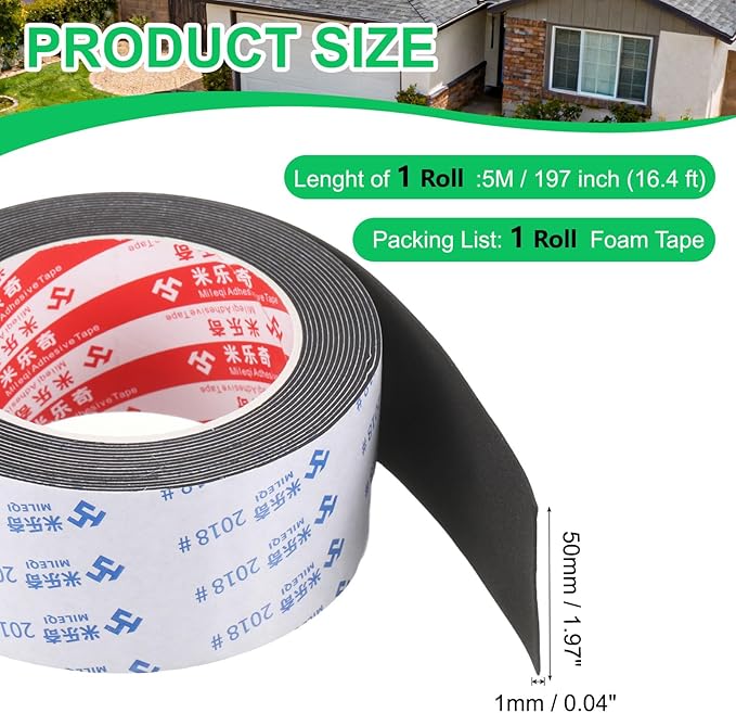 PATIKIL Sponge Rubber Foam Tape, 1 31/32" W x 1/32" t x 16.4ft l Self-Adhesive Foam Insulation Tape Weather Stripping for Window Door Soundproofing Weatherstrip AC Seal Strip, Black