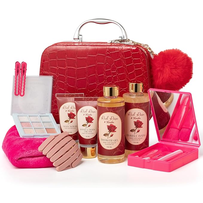 Valentines Gifts Birthday Gifts for Women Teens Girls, Spa Gift Set for Women, 12 Pcs Rose Vanilla Bath Set, Self Care gifts Bag Makeup Cosmetic Bag, Spa Kit for Teenage Gift, Daughter Gift Set