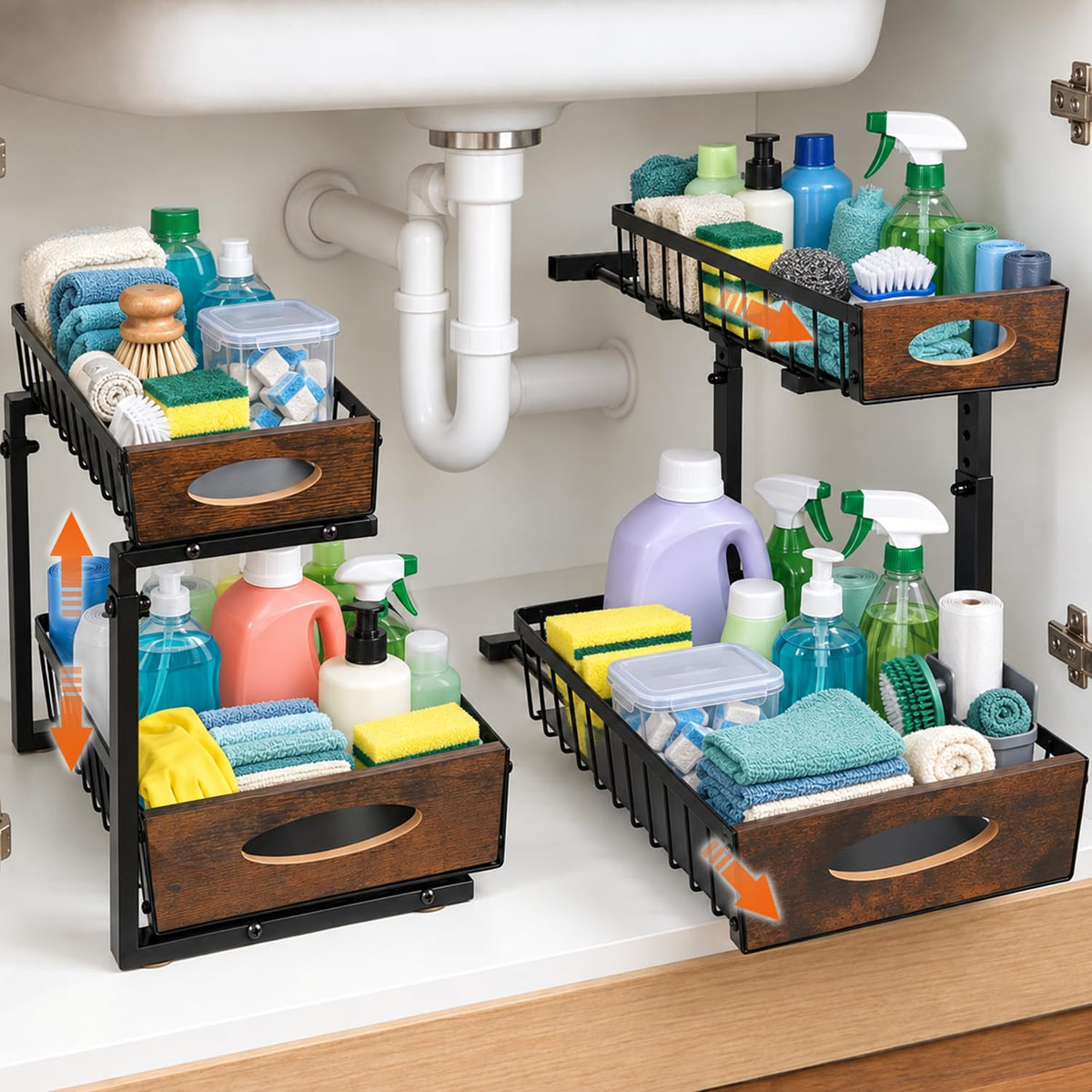 Under Sink Organizer with Wooden Handles, 2 Tier Pull Out Shelf - Image 1