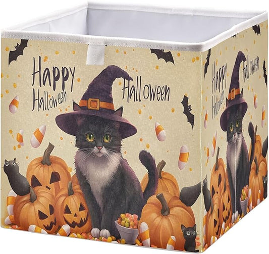 Bolaz A Stylish Cat in A Witch Hat Surrounded by Pumpkins Closet Organizers Storage Cubes Storage Bins Shelf Baskets Containers for Home Room Office,Square