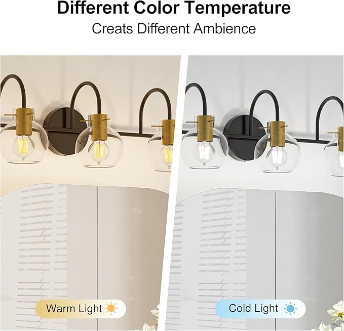 Bathroom Vanity Light Fixtures,3 Light Brushed Black Wall Sconces, Modern Bathroom Lighting Over Mirror, UL Certified with Glass Shades, Vanity Lights for Bathroom, Bedroom, Hallway