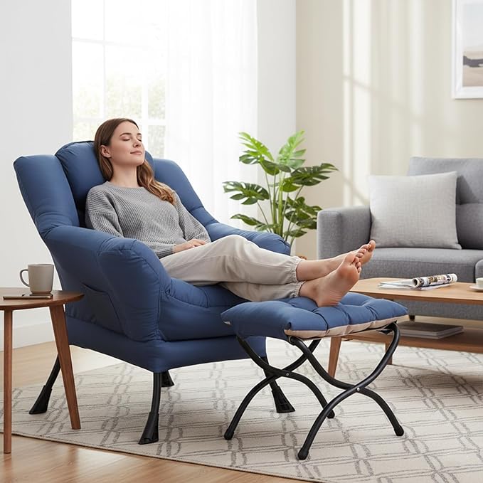 Welnow Lazy Chair with Ottoman, Modern Lounge Accent Chair with Armrests and a Side Pocket, Leisure Sofa Armchair, Reading Armchair with Footrest for Small Space, Royal Blue