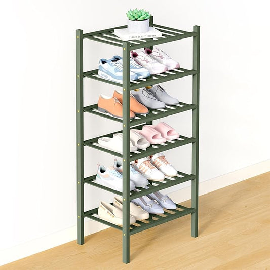 Smiry Bamboo Shoe Rack for Closet, 5 Tier Long Wooden Stackable Shoe Organizer, Free Standing Shoes Storage Shelf for Entryway, Front Door Entrance, Walnut