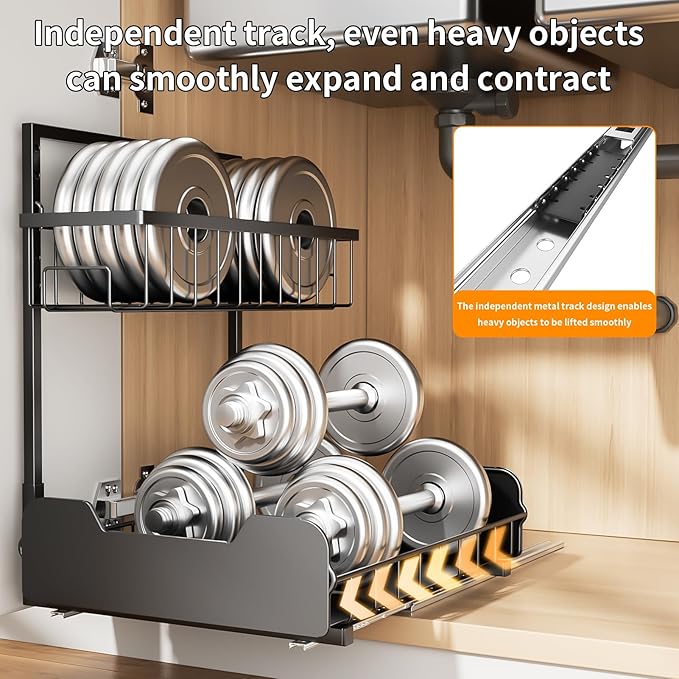 Under Sink Organizer, 2-Tier Thickened All-Metal L-Shaped Pull Out Cabinet Organizer Shelf, Height Adjustable Slide Out Storage Drawer for Kitchen, Bathroom, Laundry, Black, 2-Pack