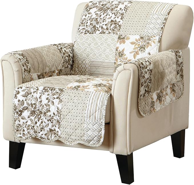 Great Bay Home Reversible Patchwork Chair Cover - Washable Slipcover Furniture Protector with Elastic Straps - Chair Cover for Dogs, Kids, and Pets - Box-Stitched Detail (Chair, Taupe)