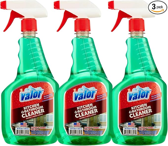 Valor Kitchen & Bathroom Cleaner Spray – Multi-Surface Degreaser & Limescale Cleaning Solution, Eco-Friendly Biodegradable Formula, (32 Fl Oz (Pack of 3))