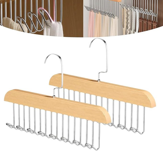2 Pack Tie Hanger for Closet, Wooden Tie Racks Hanger with Upgraded 360°Rotating, Space-Saving Belt Holders with 8 Hooks, Closet Storage for Tie,Tank Top,Bra, Scarf,Hat