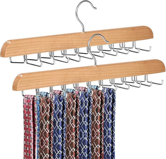 Tie Holders for Closet 2 Pcs, Tie Rack Hanger Hooks, Natural Wood Finish, 20 Rotating Hooks Each, Multi-Functional Storage for Ties Belts Scarves