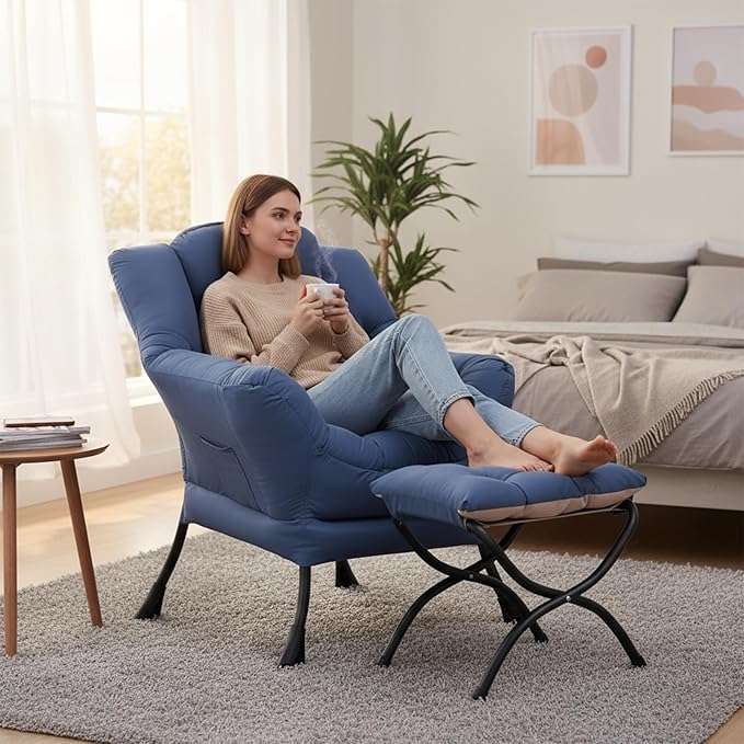 Welnow Lazy Chair with Ottoman, Modern Lounge Accent Chair with Armrests and a Side Pocket, Leisure Sofa Armchair, Reading Armchair with Footrest for Small Space, Royal Blue
