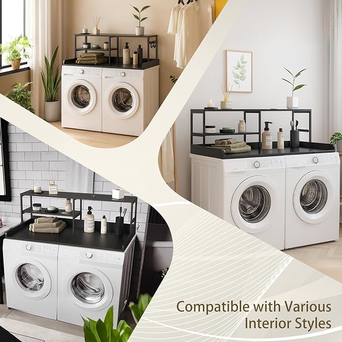 Washer and Dryer Countertop with Shelf, 2-Tier 54" x 27.5" Wood Laundry Countertop, Washer Dryer Topper with High Edge Rails and Hooks, Non-Slip Pads, Waterproof & Heat Resistant Top (Black)