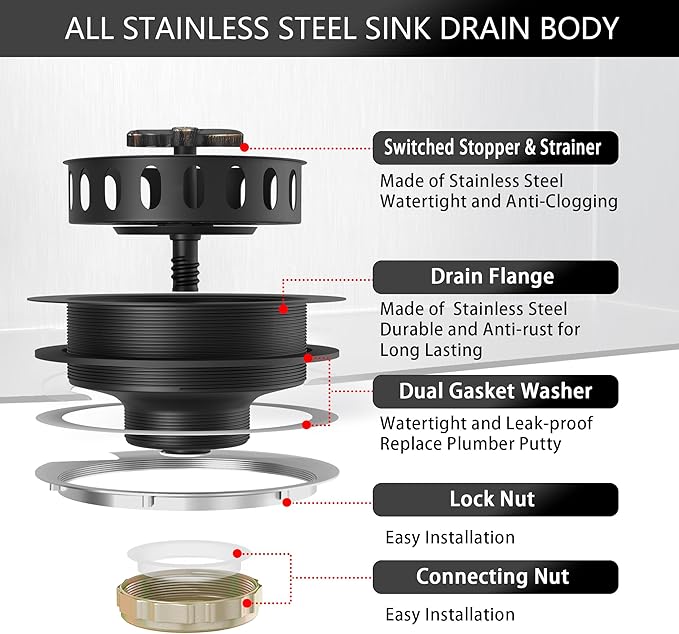 Kitchen Sink Drain Assembly 3-1/2 Inch Bronze Stainless Steel Kitchen Drain with T-Shaped Sink Strainer Basket and Drain Stopper for Standard Kitchen Sink Oil Rubbed Bronze
