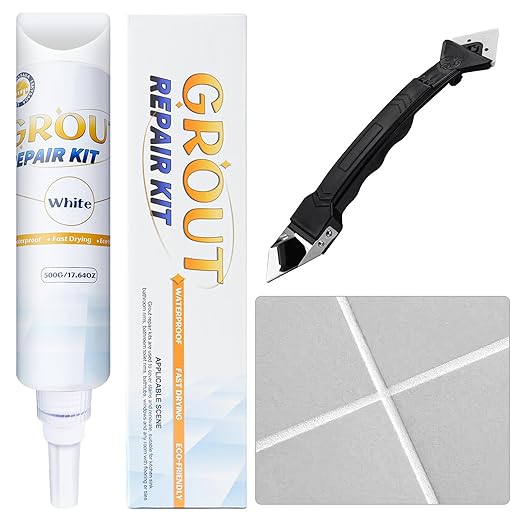 Tile Grout Repair Kit - White Grout Filler, Grout Sealer Fast Drying Grout Repair Kit Restore and Renew Joints Line for Bathroom Shower Kitchen Floor Tile, Waterproof (17.64 oz, White)