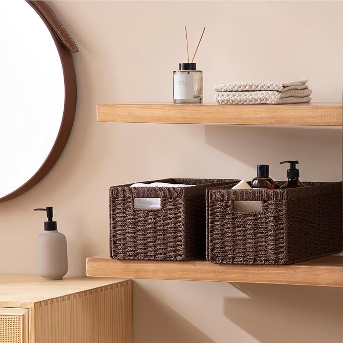 joybest Wicker Storage Baskets, Set of 2 Hand-Woven Paper Rope Dark Brown Baskets for Organizing, Foldable Rectangular Storage Organizer Bins for Shelves with Handles 13.4L x 8.3W x 7.1H