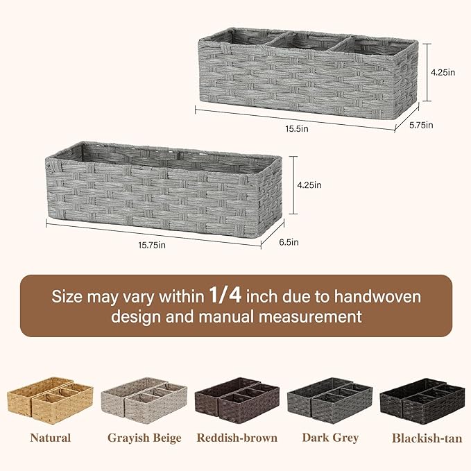 Bidtakay Narrow Wicker Bins for Organizing 2-Pack Decorative Baskets for Washroom Waterproof Imitation Small Wicker Storage Baskets for Shlef Closet Bedroom Entryway Office Desk Light Grey