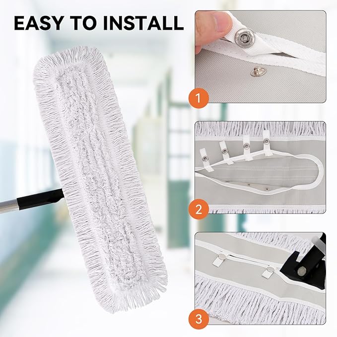 48 Inch Dust Mop Head: Replacement Medium Washable Commercial Mop Head Sweeper and Janitorial Replacement with Botton (White - 48 Inch, 3 Pack, Botton)