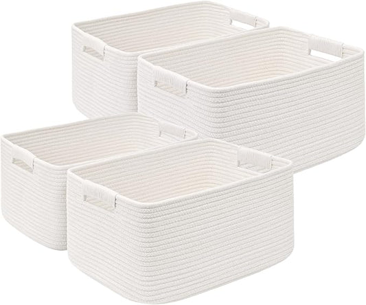 4 Pack Large Storage Basket for Organizing, 17.5"x13"x7" Woven Basket for Shelves, Closet Cube Storage Bins with Wrapped Handle, Cotton Rope Baskets for Kitchen, Clothes, Toys(Off White)