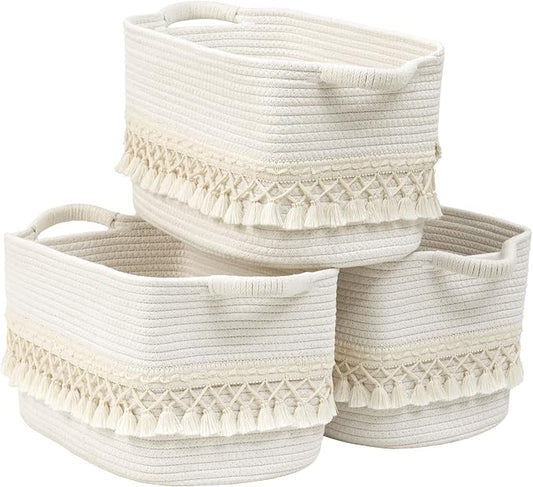 2 Pack Storage Basket for Shelves, Boho Cotton Rope Storage Bins with Heavy Tassel, Shelf Baskets Large Woven Baskets for Organizing, Cube Organizer Bins, Baby Laundry Basket for Clothes, Toys, Pets
