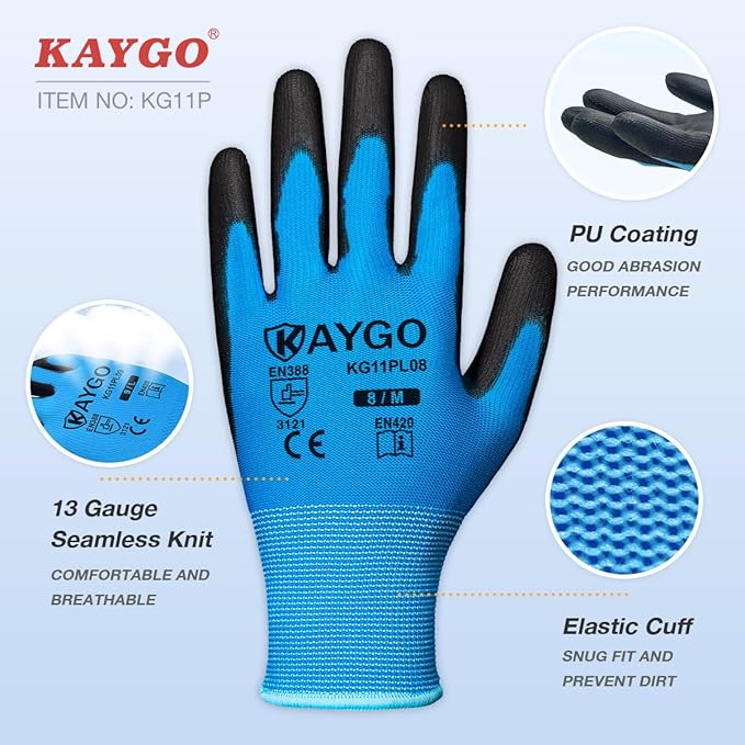 KAYGO Work Gloves for Men and Women, 60 Pairs Seamless Knit PU Coated Safety Gloves, with Smooth Grip on Palm and Fingers, Ideal for Light Warehouse, Manufacturing, Gardening, KG11P (XL, Blue)