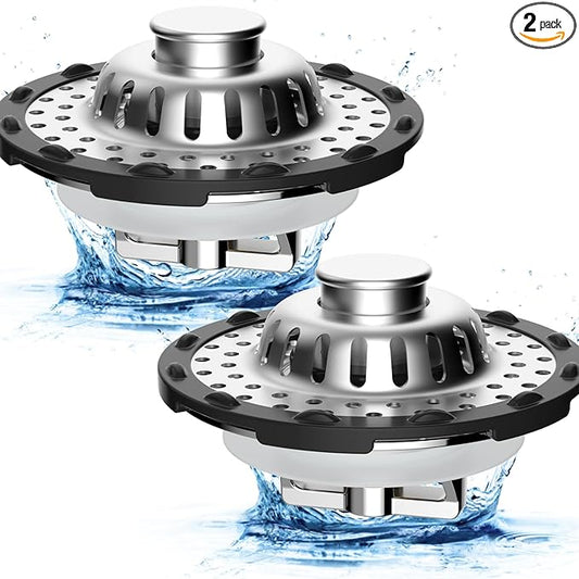 Metal 2 Pack Bathtub Drain Stopper with Top Hair Catcher, Innovative 3 in 1 Pop-up Bathtub Strainer, Tub Stopper with Detachable Stainless Steel Filter Basket for Standard 1.5 to 2.4'' Drain, Chrome