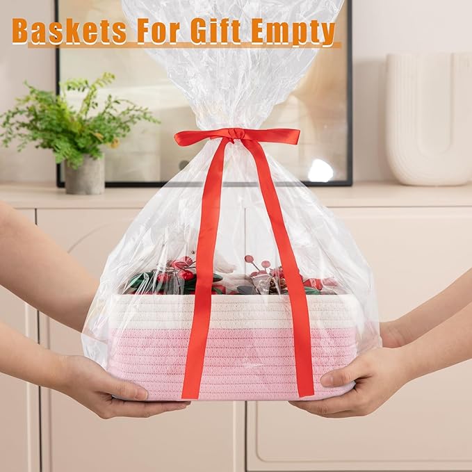 OIAHOMY 4 Pack Storage Baskets for Organizing, Small Bins for Shelves, Cute Decorative Storage Bins, Organizer Baskets for Gifts Empty,13''Lx8.7''Wx5.1''H, Pink/White
