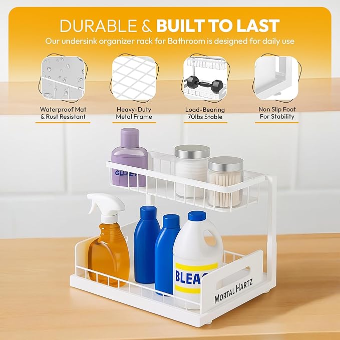 MORTALHARTS Under Sink Organizer – 1 Pack 2-Tier Sliding Storage Rack – Pull-Out Cabinet Organizer with Adjustable Metal Shelf, L-Shaped Design for Kitchen, Bathroom & Laundry Cabinets