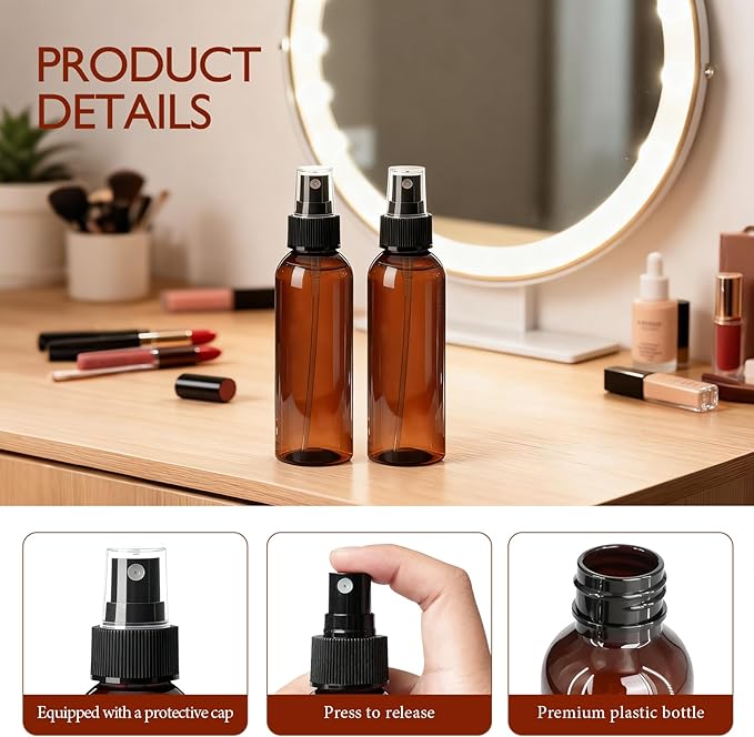 104 Pcs 4 Oz Plastic Mini Spray Bottles with Labels Refillable Travel Size Perfume Empty Bottle Amber Reusable Mist Sprayer for Cleaning Solutions Essential Oil Household Use