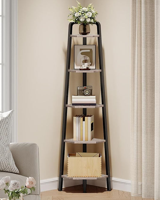 Corner Shelf, 5-Tier Ladder Corner Shelf, Ladder Bookshelf, 59.6" Tall Vertical Display Stand, Metal Frame Bookshelf, for Living Room, Bedroom, Kitchen, Greige and Black TCJ20BG