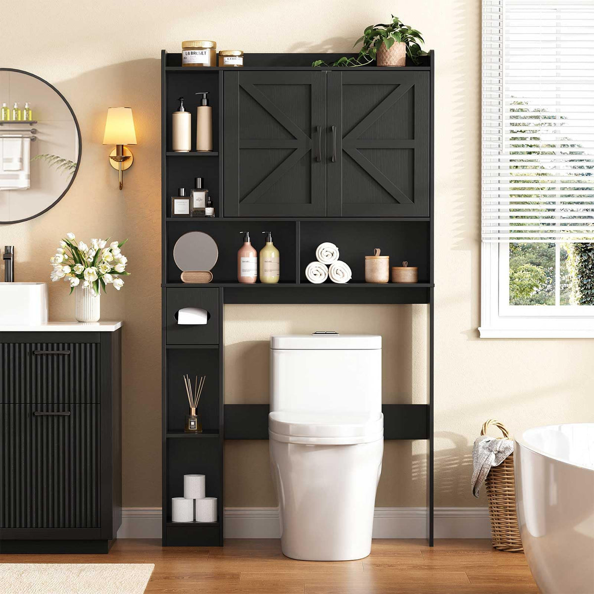 Vabches Over The Toilet Storage Cabinet with 2 Barn Doors, Black - Image 1
