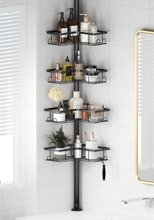 Corner Shower Caddy Tension Pole, 4-Tier Stainless Steel Rustproof Bathroom Shower Organizer，47-114Inch Height Adjustable Shower Shelves, No-Drill Required Black