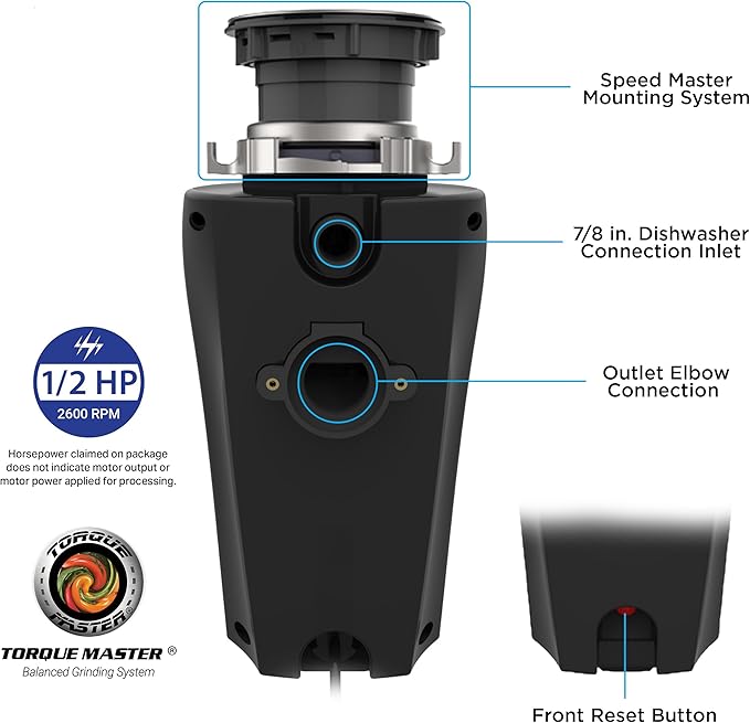 WASTEMAID 10-US-WMP-659 Pro Anti-Jam Garbage Disposer, 1/2 HP, Black