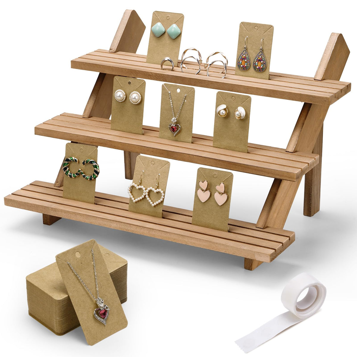 3 Tier Wooden Display Stand, Retail Jewelry Card Sta | Jewelry Organiz - Image 1