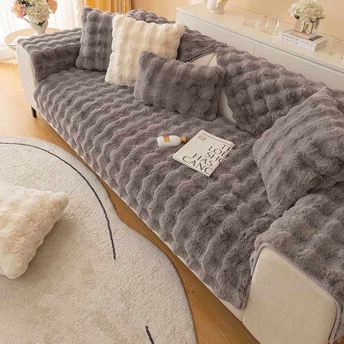 Soft Warm Faux Fur Couch Sofa Cover Thick Shaggy Fuzzy Sectional Couch Cover Non-Slip Solid Color Plush Sofa Slipcover Furniture Protector for Pets, Kids (Dark Grey,36"x82")
