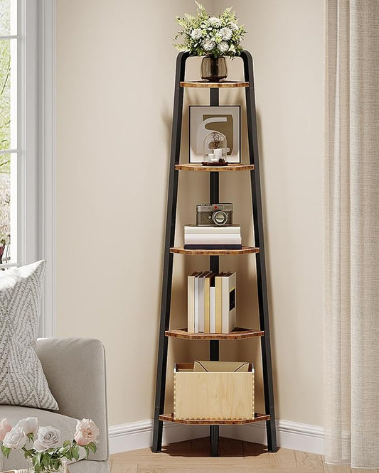 Corner Shelf, 5-Tier Ladder Corner Shelf, Ladder Bookshelf, 59.6" Tall Vertical Display Stand, Metal Frame Bookshelf, for Living Room, Bedroom, Kitchen, Rustic Brown and Black TCJ20BF