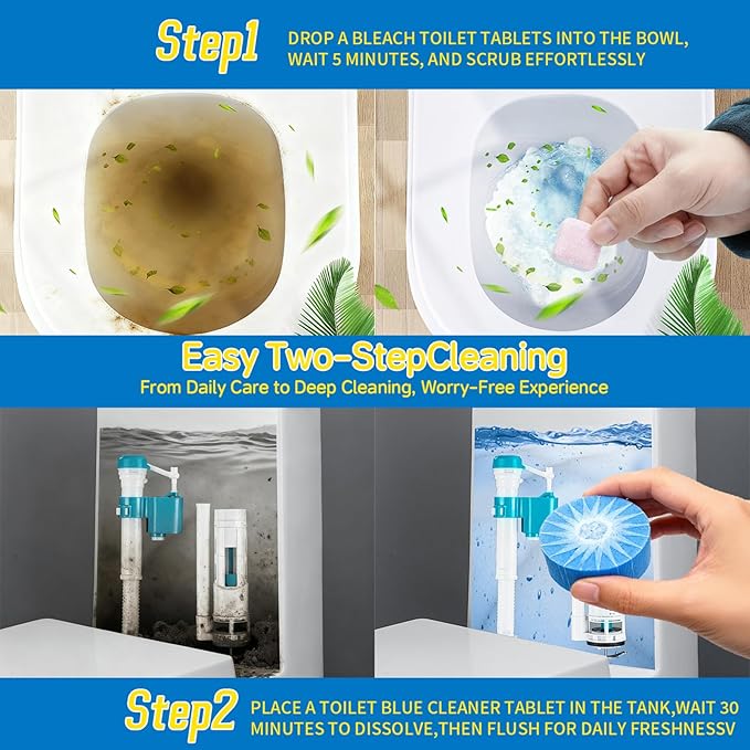 48PACK Toilet Cleaning Tablets Set - 16 Effervescent Toilet Bowl Cleaners Tablets + 32 Blue Toilet Tank Tablets, Double-Action Formula for Stain, Water Deposit Removal