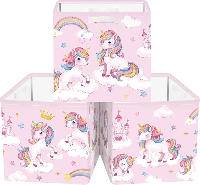 Clastyle 3 pcs Unicorn Cube Storage Unit Bin with Metal Frame Rainbow Kallax Box for Shelves Parents Closet Organizer Basket for Book Clothes Toy Organizer, Crown, 11.8x11.8x11.8 in
