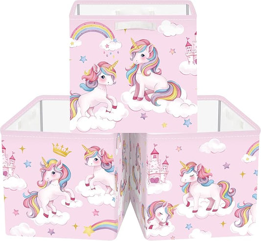 Clastyle 3 pcs Unicorn Cube Storage Unit Bin with Metal Frame Rainbow Kallax Box for Shelves Parents Closet Organizer Basket for Book Clothes Toy Organizer, Crown, 11.8x11.8x11.8 in