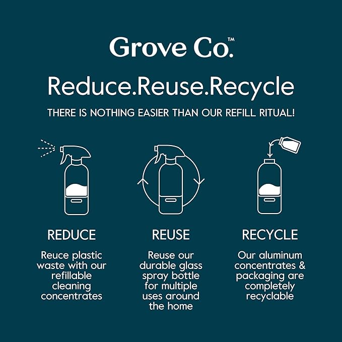 Grove Co. Glass Cleaner, Refill Concentrate (2 x 1 Fl Oz) + 1 x Reusable Glass Spray Bottle (16 Oz) Plant-Based Cleaning Supplies Bundle, No Plastic Waste, 100% Natural Orange & Rosemary Fragrance