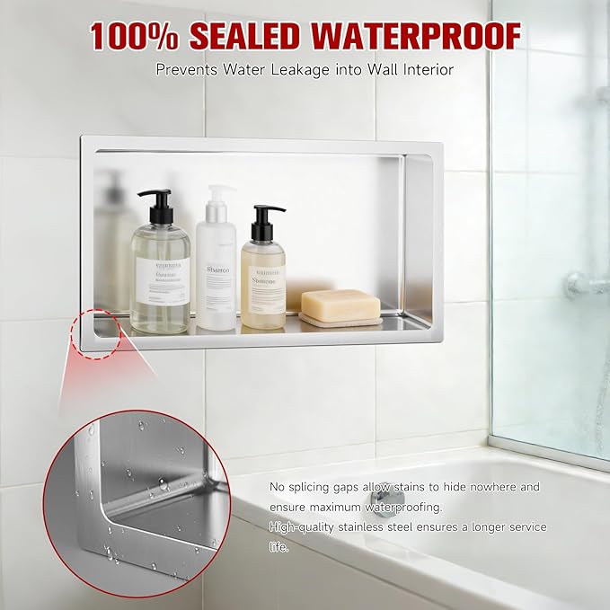 No Tile Needed Shower Niche 12"X 24", Bathroom Wall Niche Single Shelf, Stainless Steel Shower Niche for Bathroom, Kitchens, Balconies