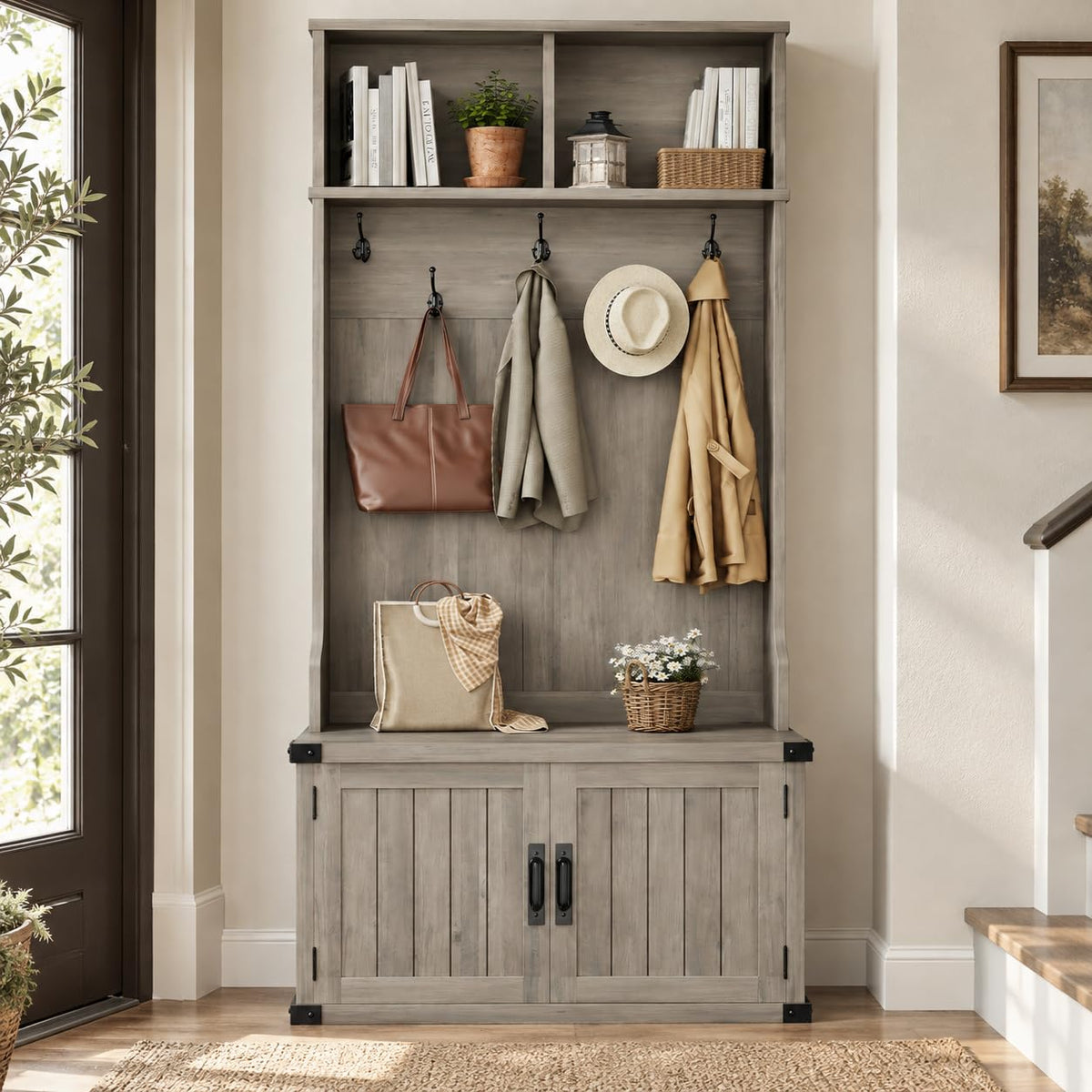 39.4" Hall Tree with Bench and Shoe Storage, Gray - Image 1