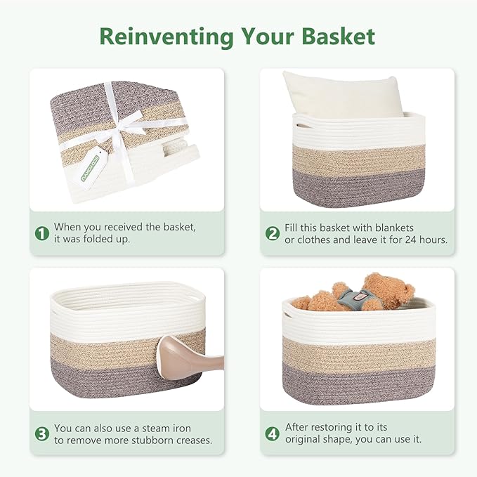 Cotton Rope Basket, Storage Baskets with Handle, 15x10x9 Inch Woven Basket for Shelves, Laundry, Towels, Clothes, Books (White 1Pack)