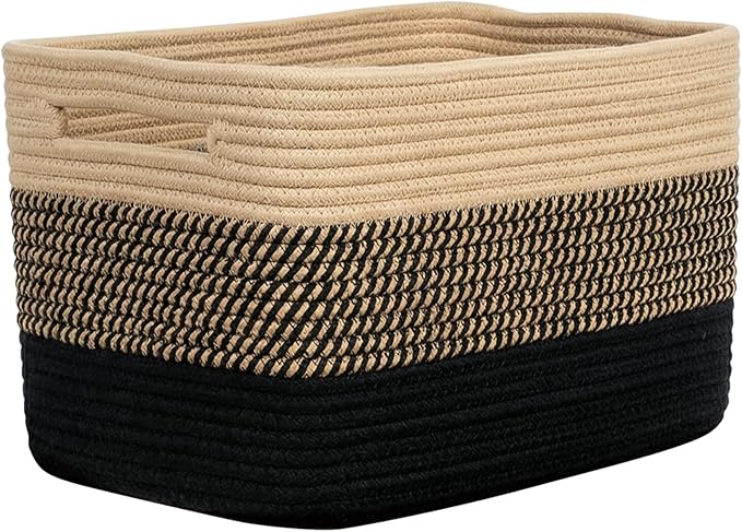 Storage Baskets for Organizing, 14 x 10 x 9” Closet Shelf Woven Baskets, Square Bins with Handles, Cotton Rope Basket for Toys, Clothes, Office, Room, Black+Brown 1Pack
