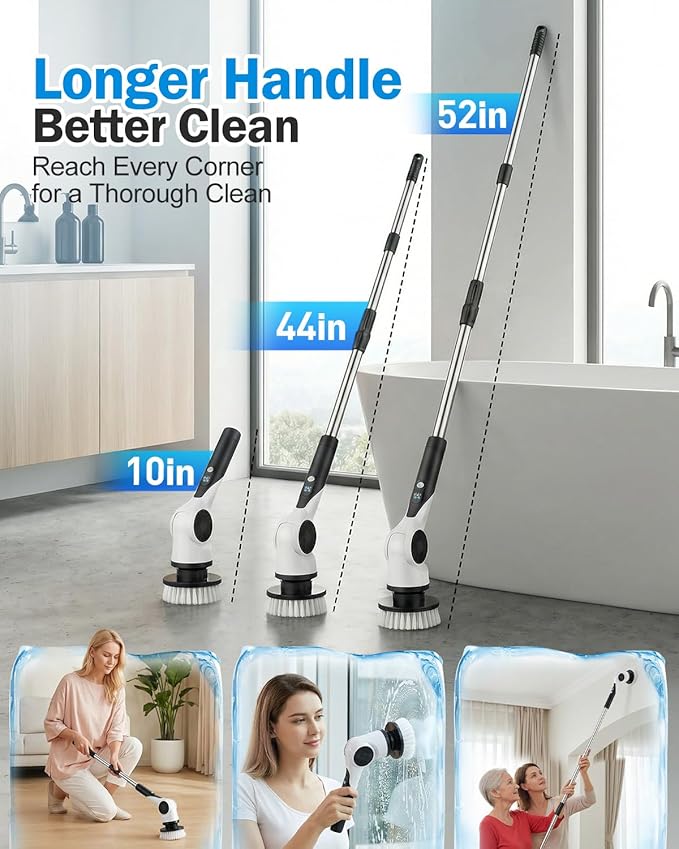 Electric Spin Scrubber, 3-Speed Shower Cleaner Brush with 10 Replaceable Brush Heads, 90 Mins Runtime & Full-Body IPX7 Waterproof Cordless Shower Scrubber with Long Handle