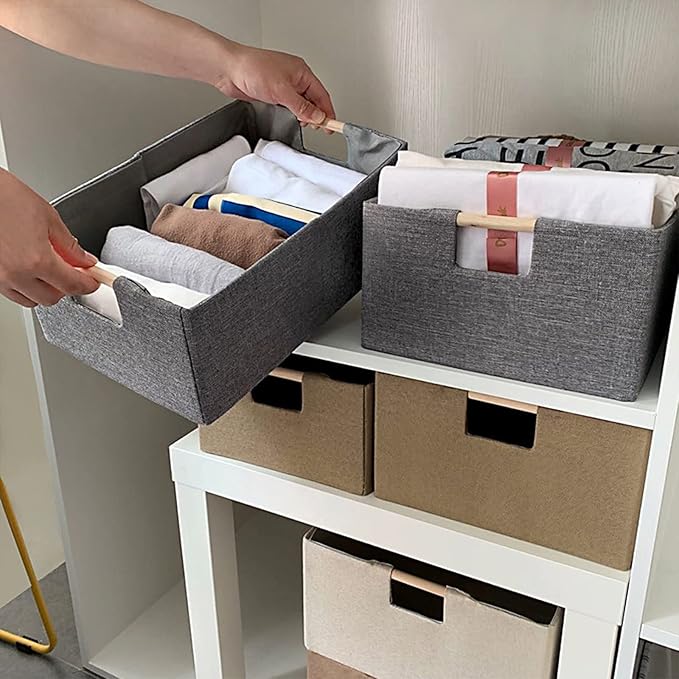 ANMINY 4PCS Storage Baskets for Organizing Collapsible Fabric Storage Bins Boxes with Wood Handles Closet Shelves Cube Organizer Bins Clothes Laundry Storage Container - Large, Gray