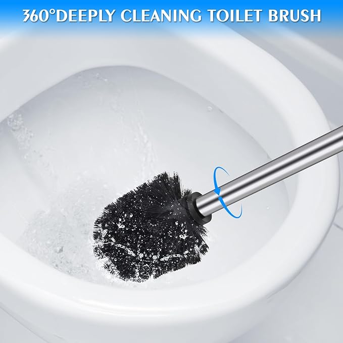 QL Toilet Brush and Holder，Stainless Steel Toilet Brush，Quick Drying Bathroom Toilet Bowl Scrubber Brush for Home and Commercial Use (Silver)