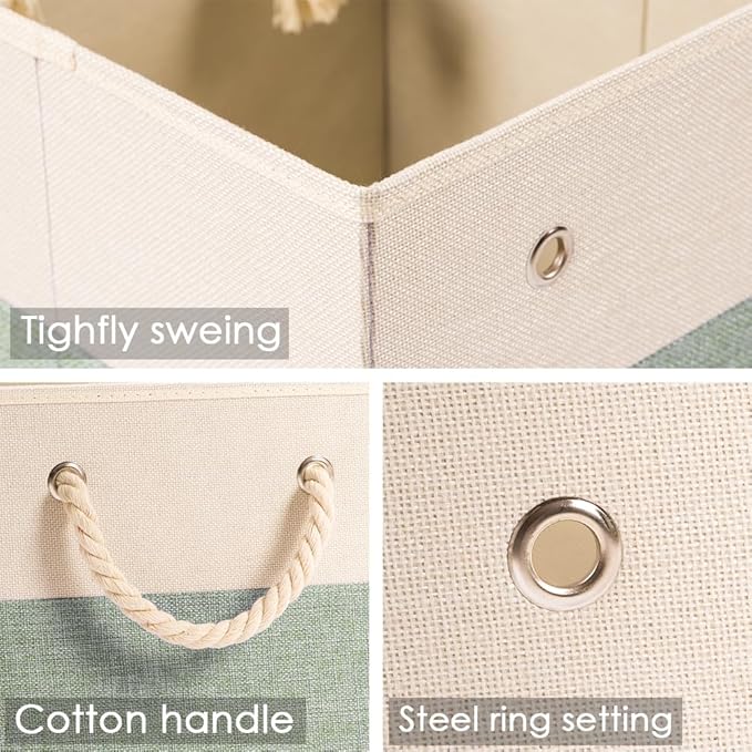 PRANDOM Large Foldable Cube Storage Bins 13x13 inch [2-Pack] Fabric Linen Storage Baskets Cubes Drawer with Cotton Handles Organizer for Shelves Nursery Closet Bedroom Beige/Green