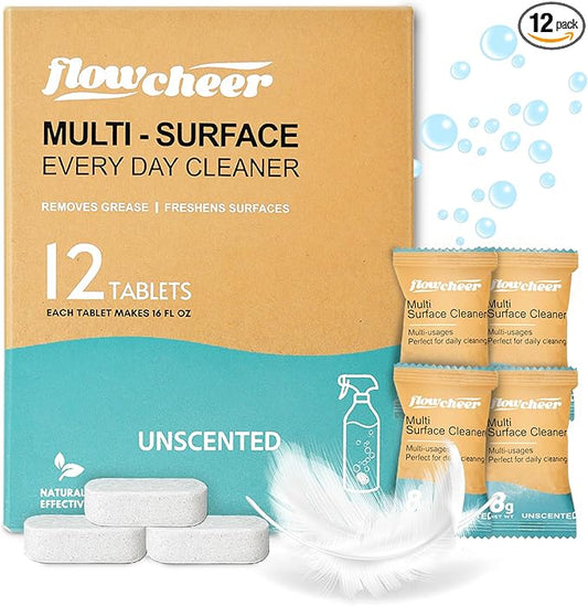 flowcheer Free & Clear All Purpose Cleaner Refills – Non-Toxic Multi-Surface Cleaning Tablets (12 Pack) Makes 192 Fl Oz Spray Cleaner for Home & Kitchen – Unscented