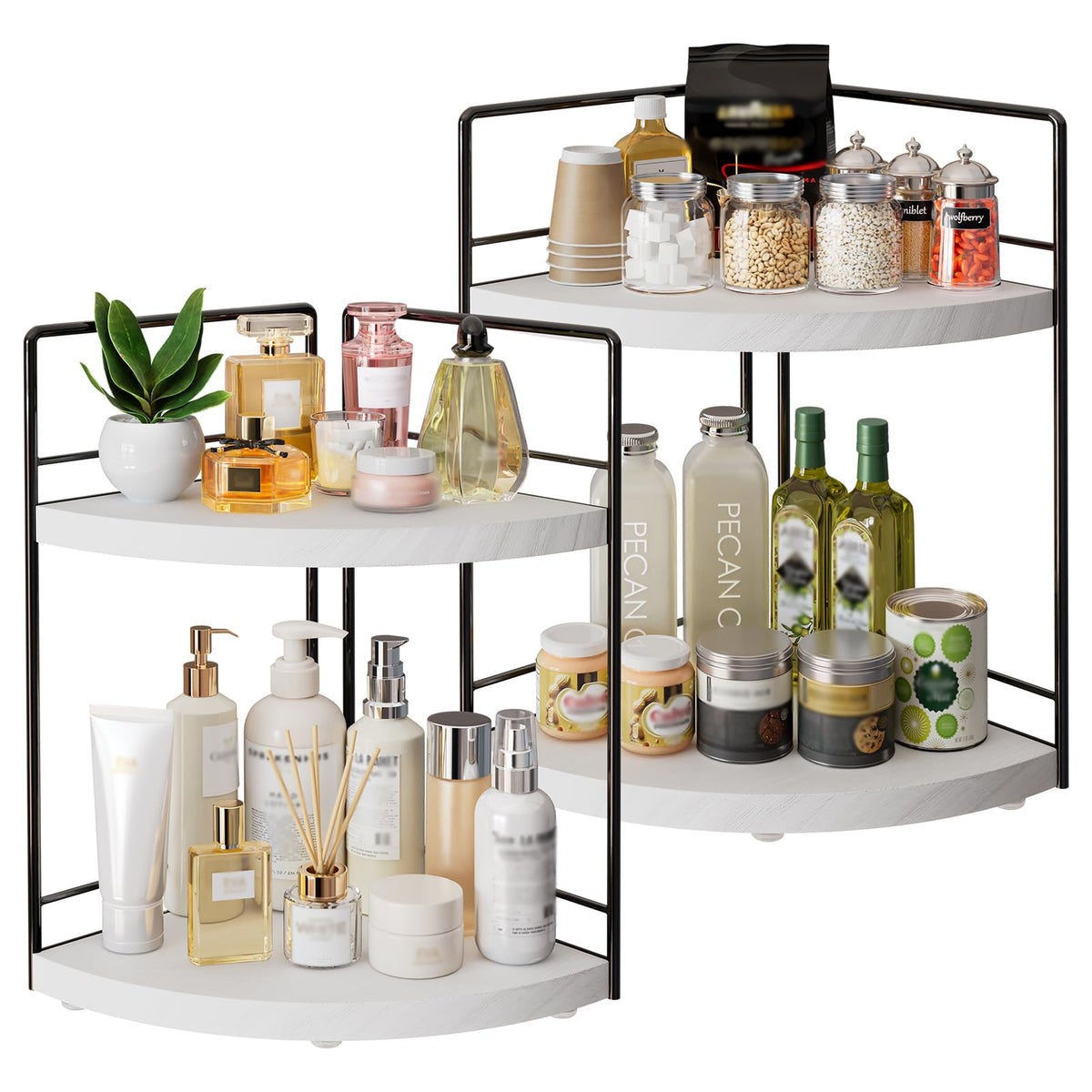 2-Tier Bathroom Corner Organizer Shelf, Wood & Metal Countertop - Image 1
