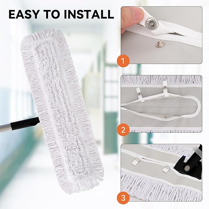 36 Inch Dust Mop Head: Replacement Medium Washable Commercial Mop Head Sweeper and Janitorial Replacement with Botton (White - 36 Inch, 3 Pack, Botton)