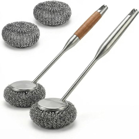 2-Pack Stainless Steel Scrubber Set with 2 Pcs Pads, Steel Wool & Steel Ball Cleaning Brush with Replaceable Heads, Heavy Duty Steel Cleaner for Oven, Stove, Dishes & Grill
